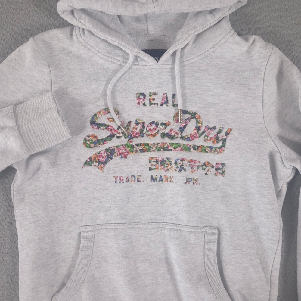 SuperDry Hoodie‎ Womens 12 Grey Floral Graphic Logo Cotton Blend Pullover Japan